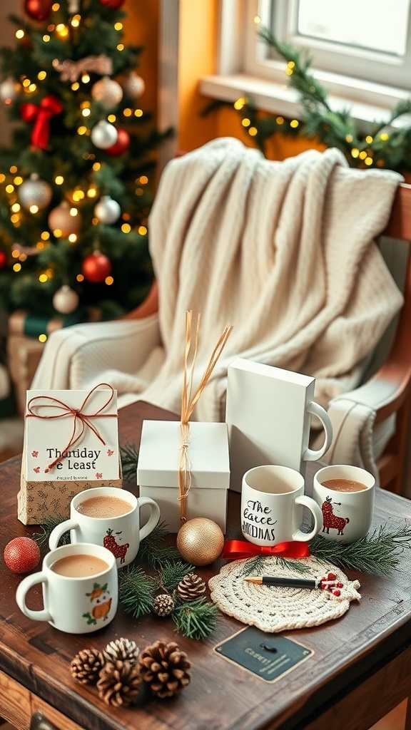 A cozy Christmas wishlist scene with a blanket, holiday mugs, fairy lights, and festive decorations.